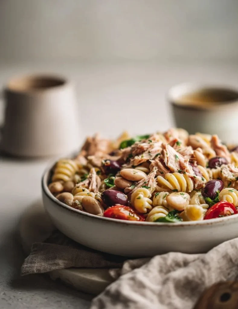 Mediterranean Pasta Salad with Tuna and Beans in a colorful bowl
