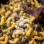 One-pot creamy beef and garlic butter pasta dish served in a bowl