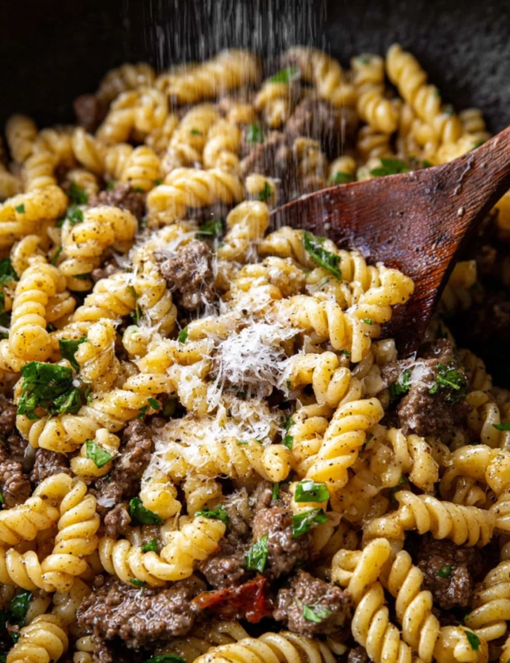 One-pot creamy beef and garlic butter pasta dish served in a bowl