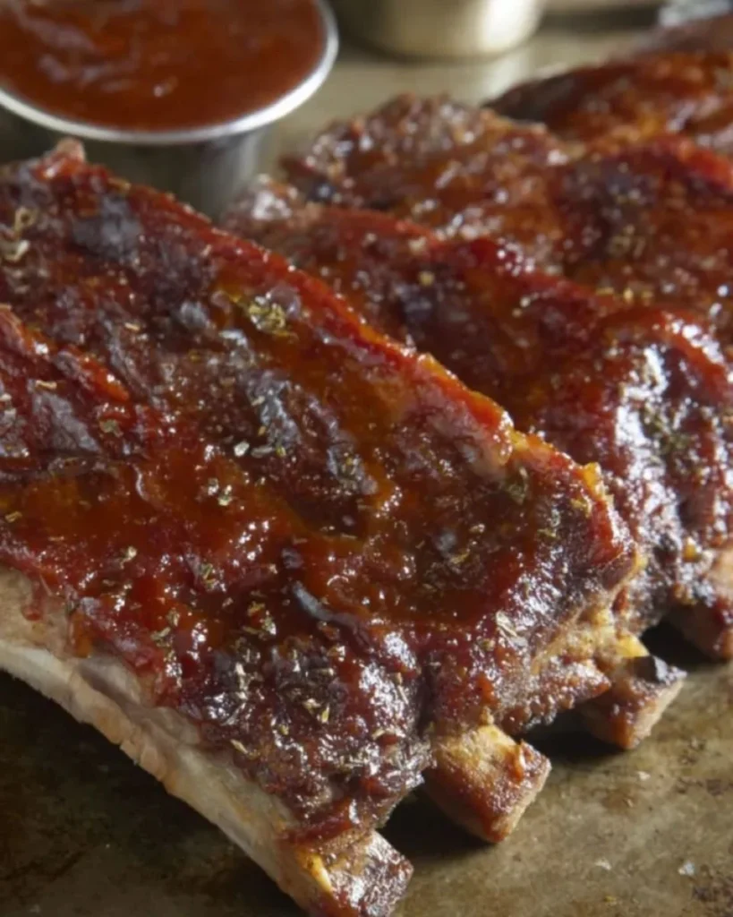 Delicious oven-baked BBQ ribs served on a platter with sauce