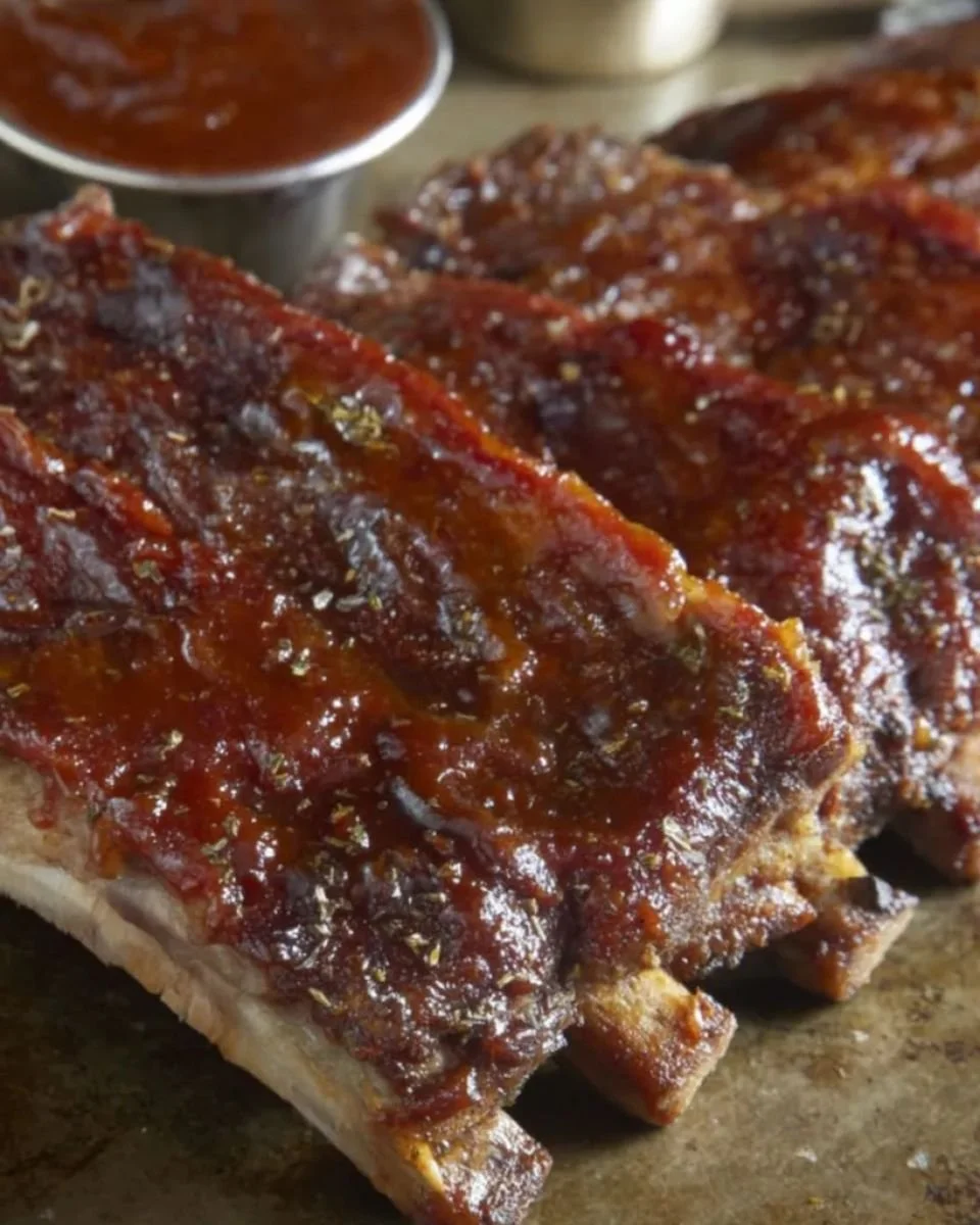 Delicious oven-baked BBQ ribs served on a platter with sauce