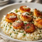 Pan seared scallops served with creamy risotto on a white plate