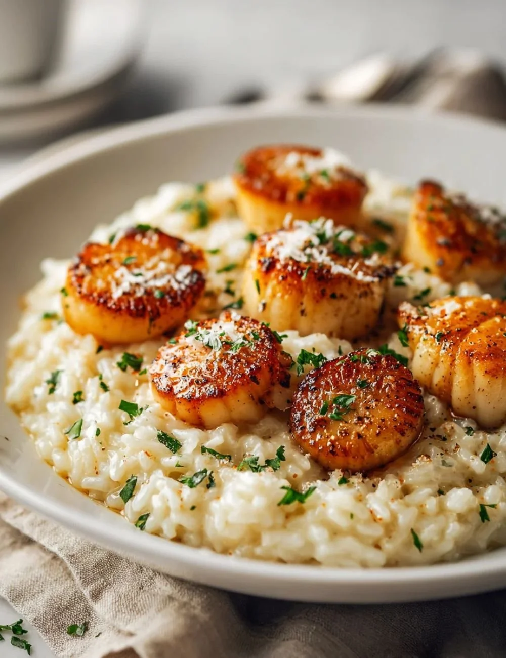 Pan seared scallops served with creamy risotto on a white plate