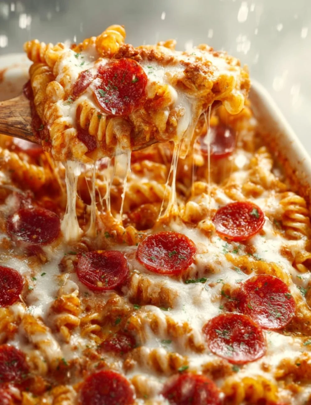 Delicious pizza pasta served in a bowl with fresh ingredients and cheese