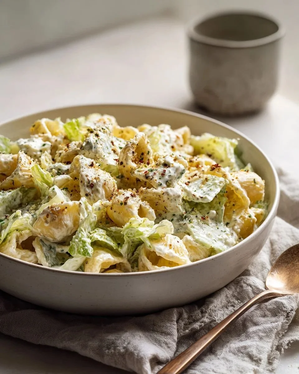 Healthy Greek yogurt Caesar pasta salad served in a bowl