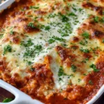 Delicious plate of Ravioli Lasagna with rich tomato sauce and melted cheese
