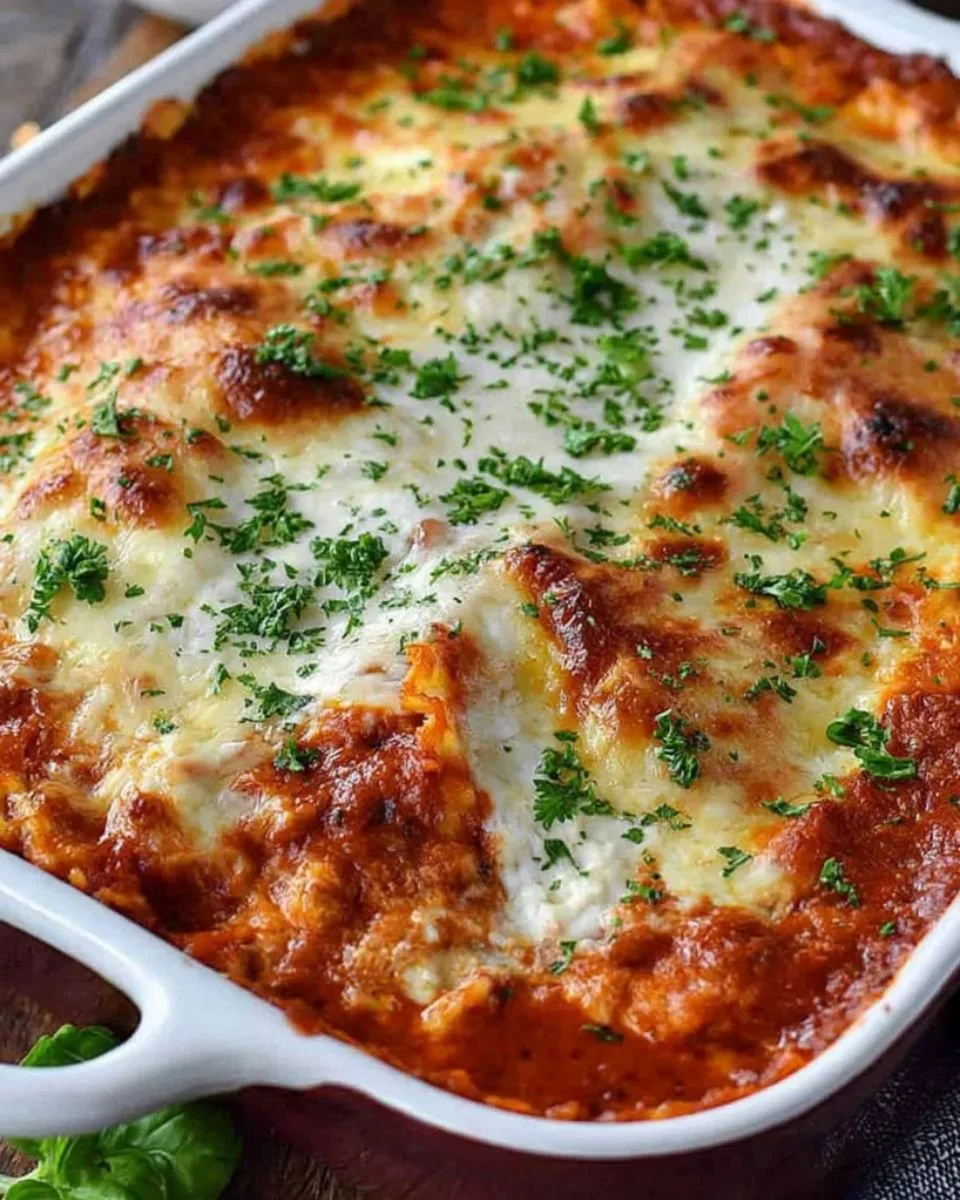 Delicious plate of Ravioli Lasagna with rich tomato sauce and melted cheese
