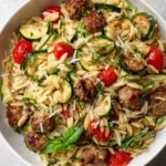 Delicious roasted zucchini sausage orzo salad in a bowl