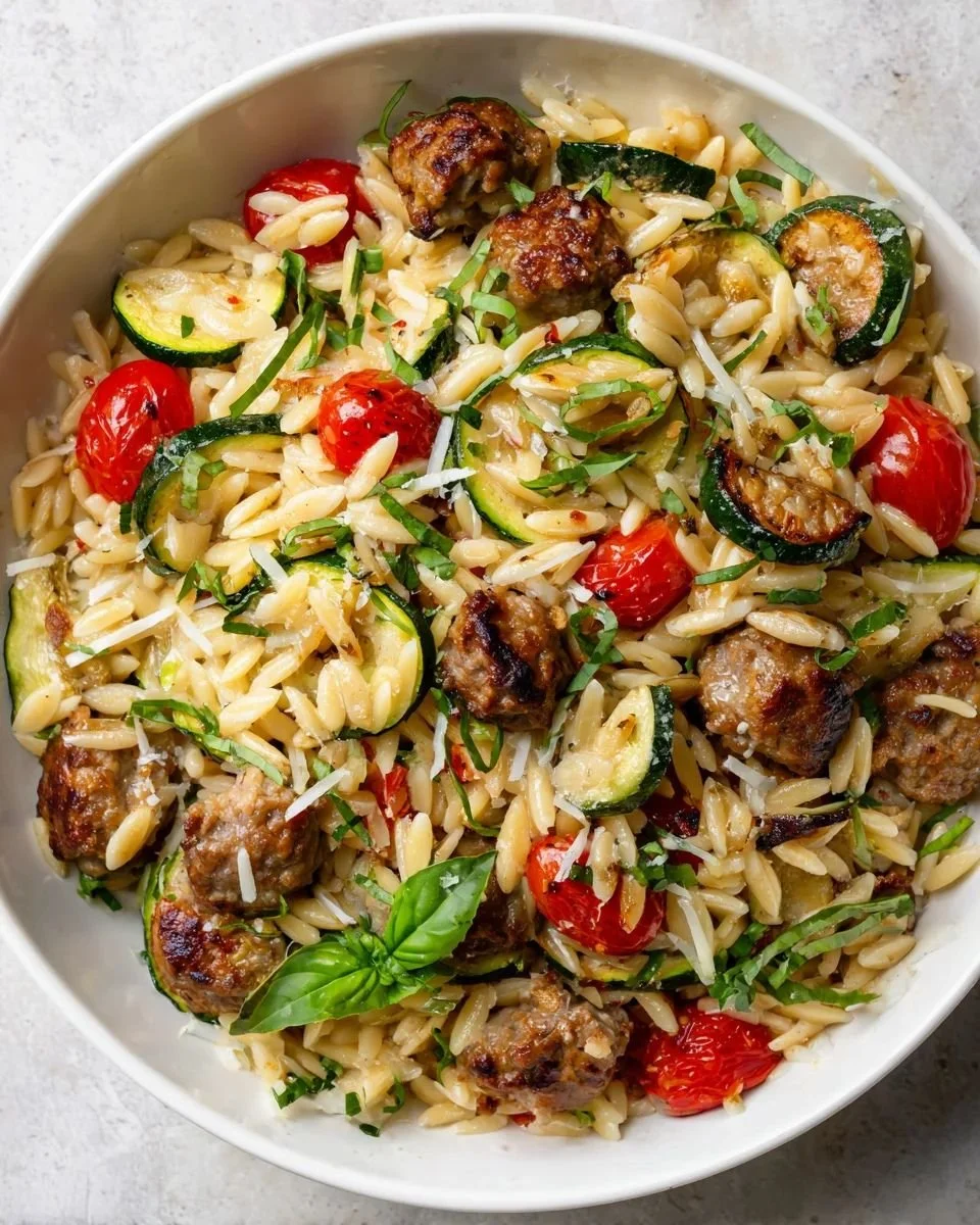 Delicious roasted zucchini sausage orzo salad in a bowl