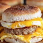 Sausage, egg, and cheese breakfast sandwich on a toasted bun.