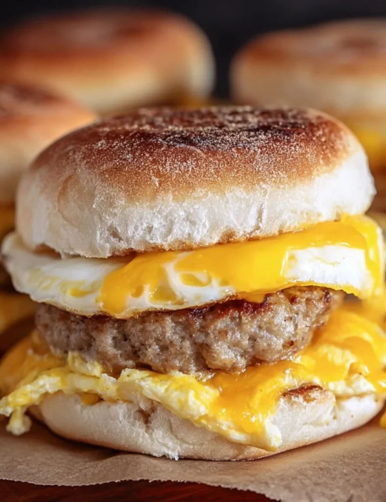 Sausage, egg, and cheese breakfast sandwich on a toasted bun.