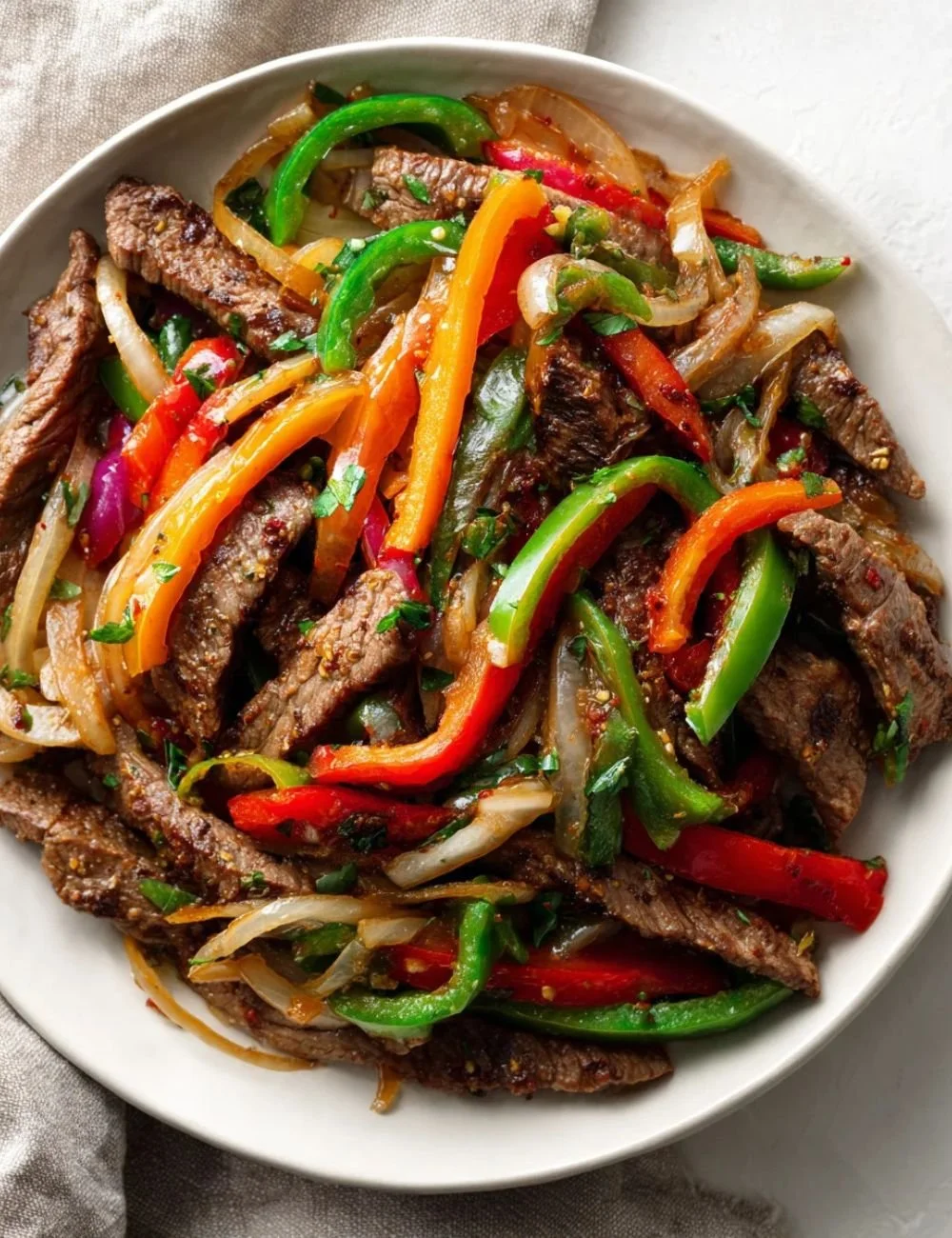 Sheet pan steak fajitas with colorful bell peppers and onions ready to serve.