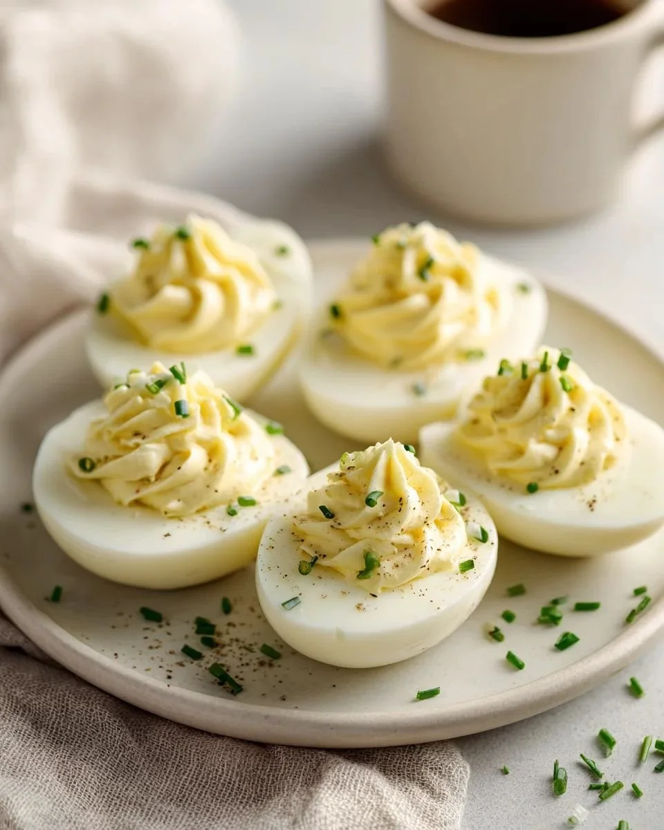 Sour cream and onion deviled eggs served on a platter