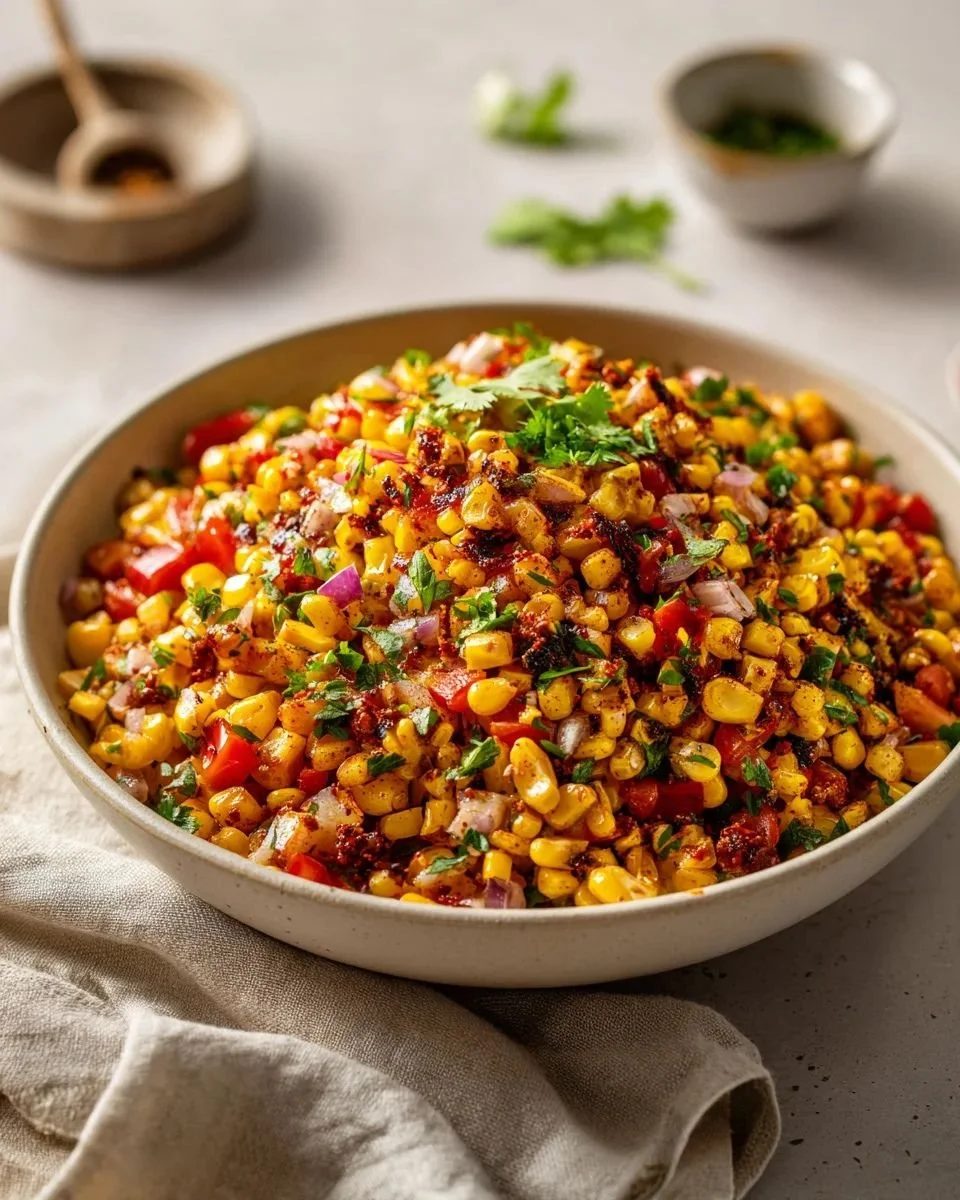 Dish of spicy chipotle corn salsa served with tortilla chips