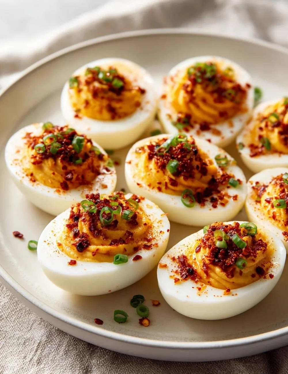 Spicy gochujang deviled eggs garnished with chives and paprika