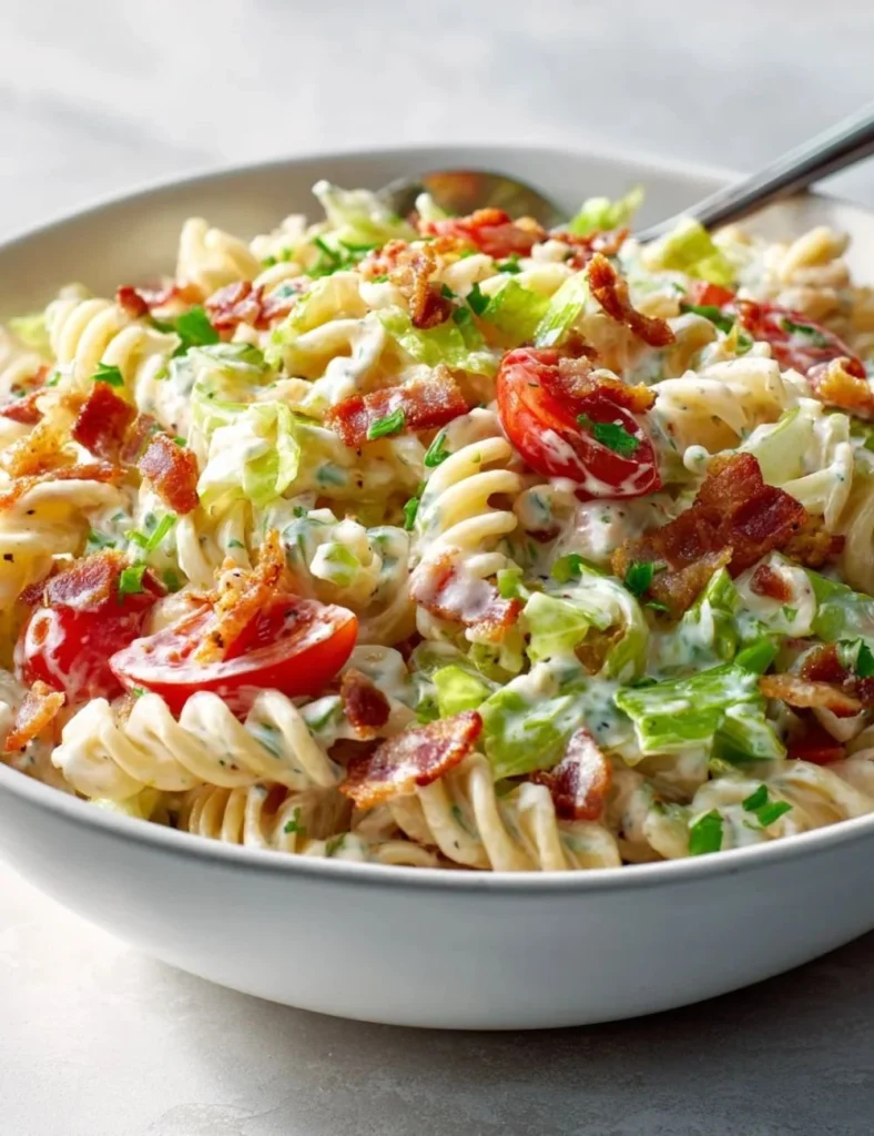 Spicy Ranch BLT Pasta Salad with Beef served in a bowl