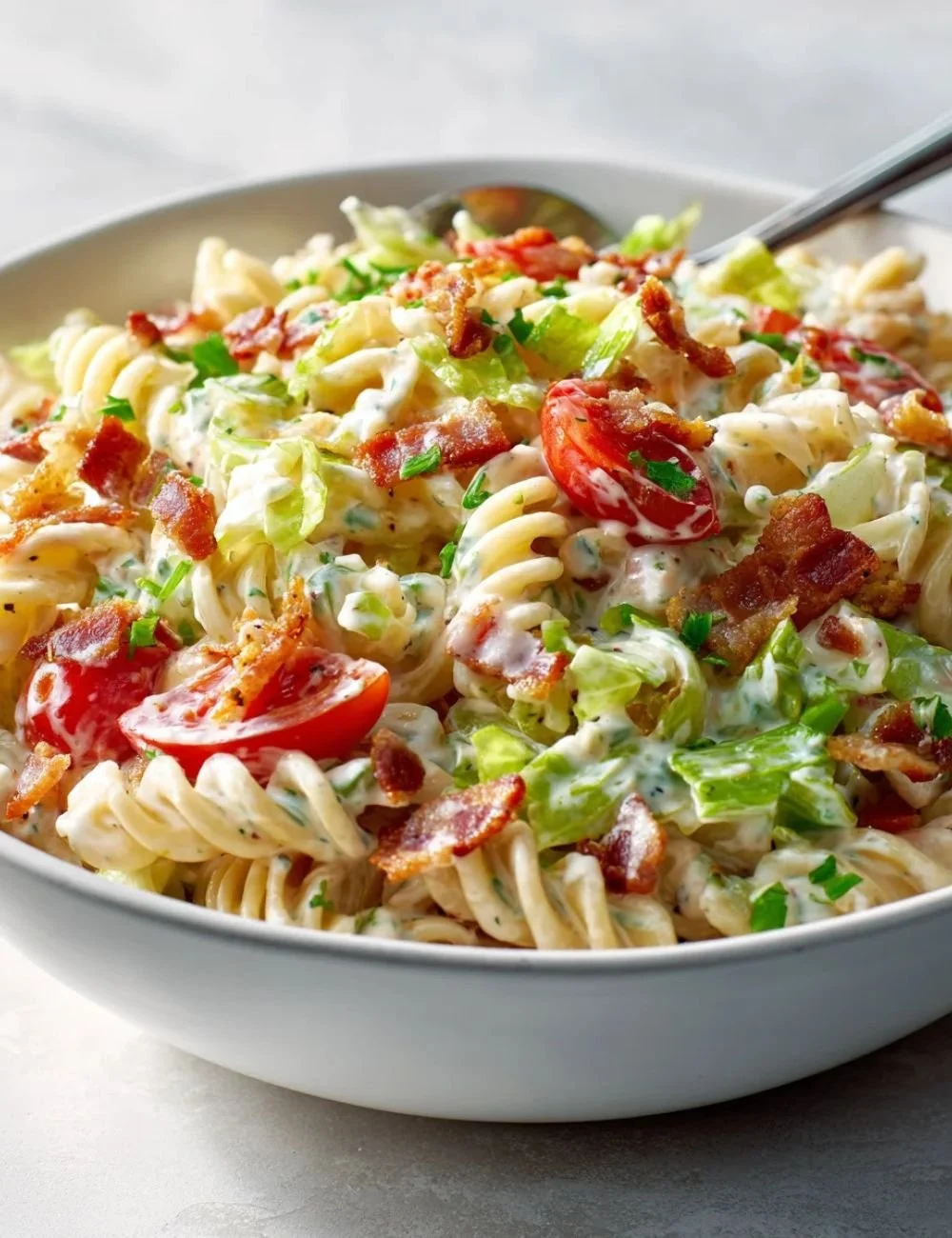 Spicy Ranch BLT Pasta Salad with Beef served in a bowl