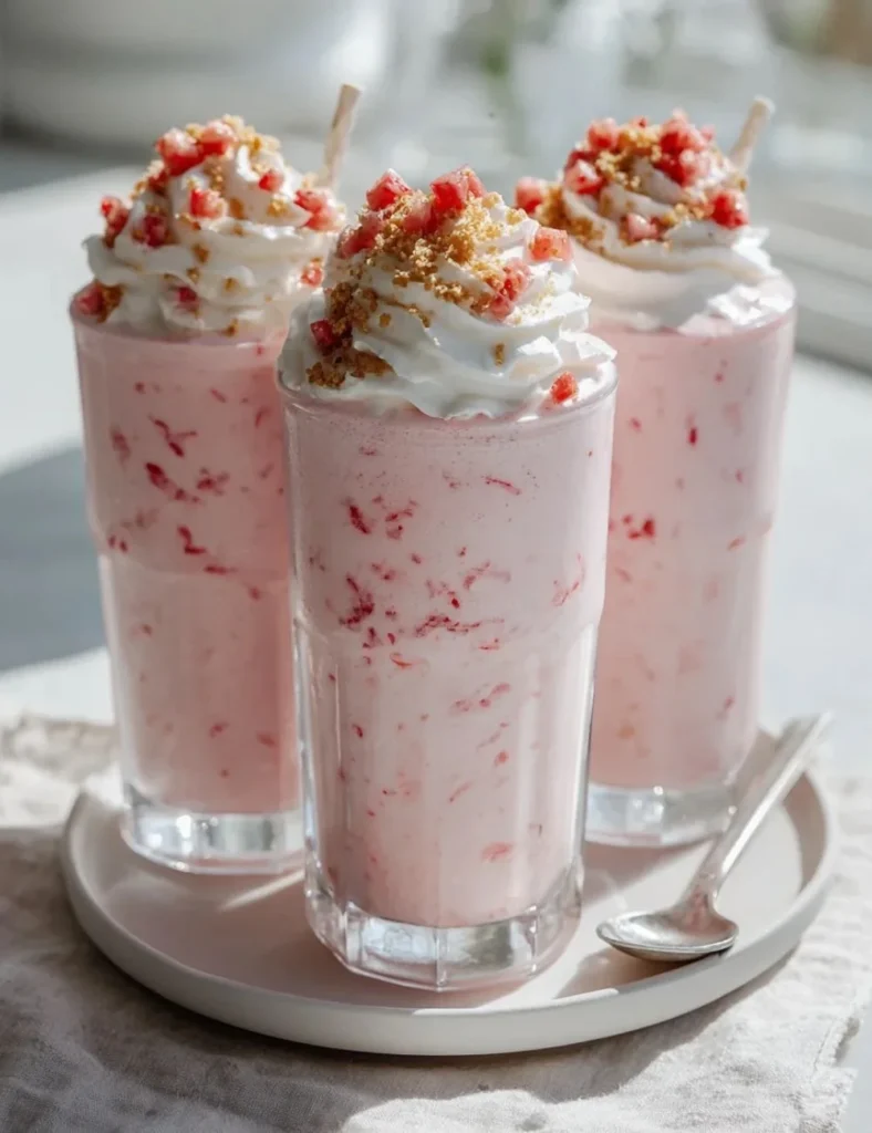 Delicious Strawberry Cheesecake Milkshake topped with whipped cream and strawberries.