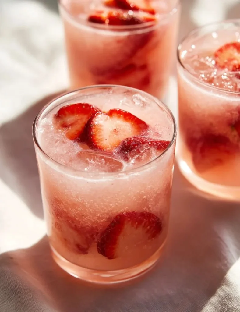 Refreshing Strawberry Coconut Cooler drink in a glass with strawberries and coconut.