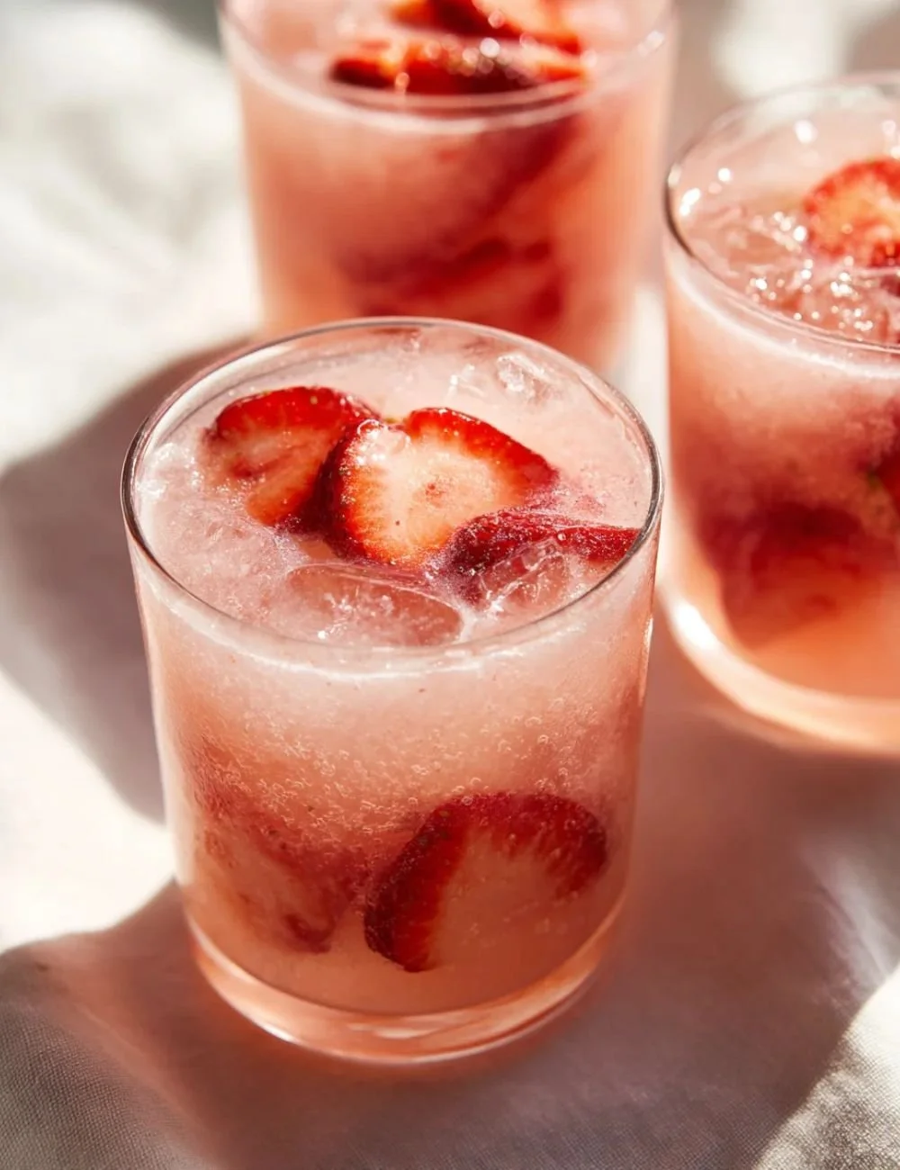 Refreshing Strawberry Coconut Cooler drink in a glass with strawberries and coconut.