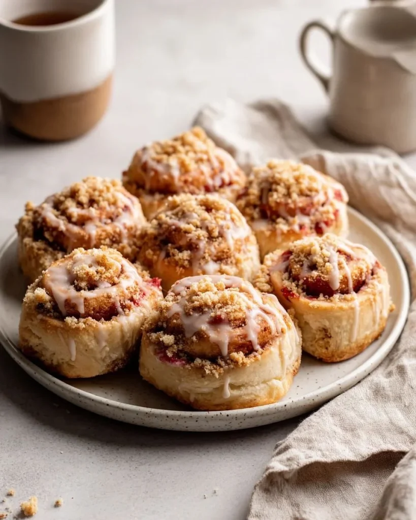 Deliciously baked Strawberry Crunch Sweet Rolls with a crunchy topping