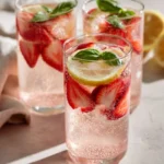 Strawberry Lemonade Basil Spritz served in a glass with fresh basil and strawberries.