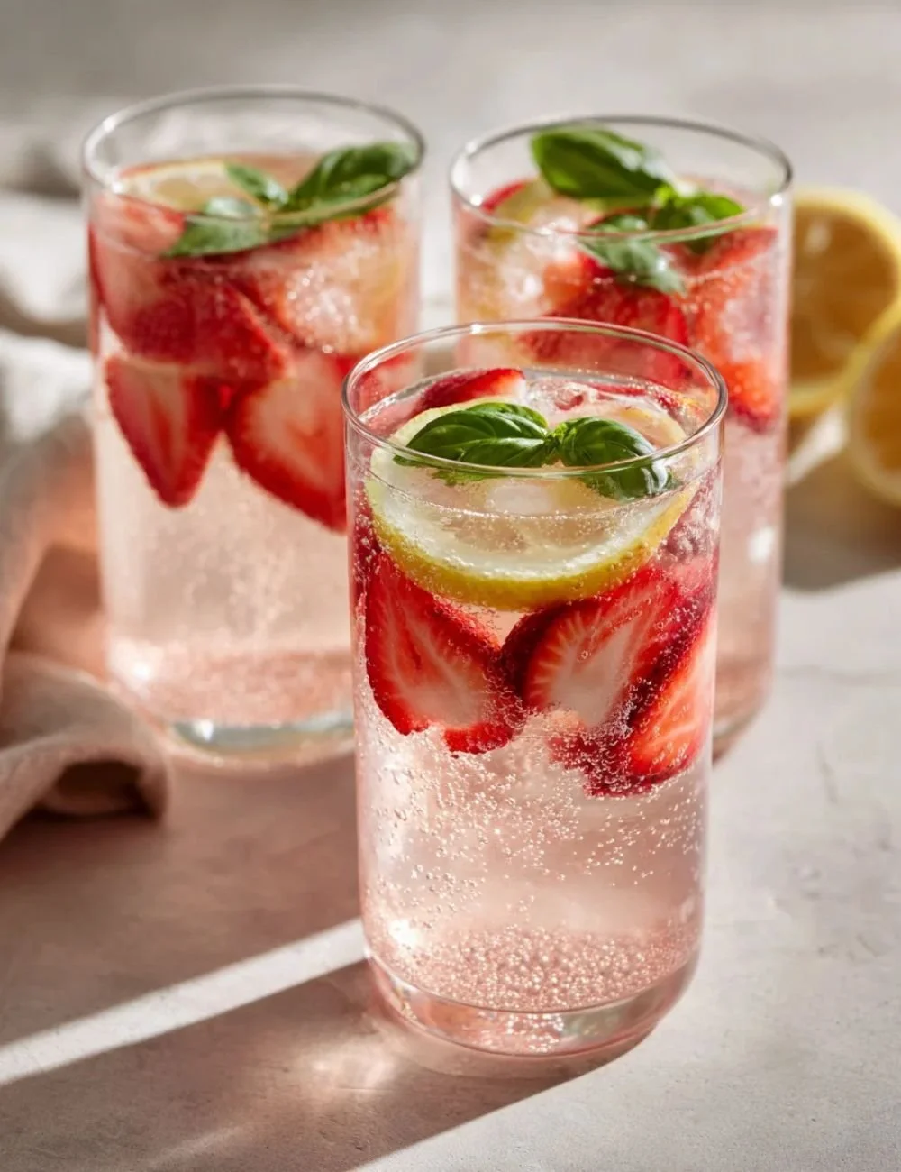 Strawberry Lemonade Basil Spritz served in a glass with fresh basil and strawberries.