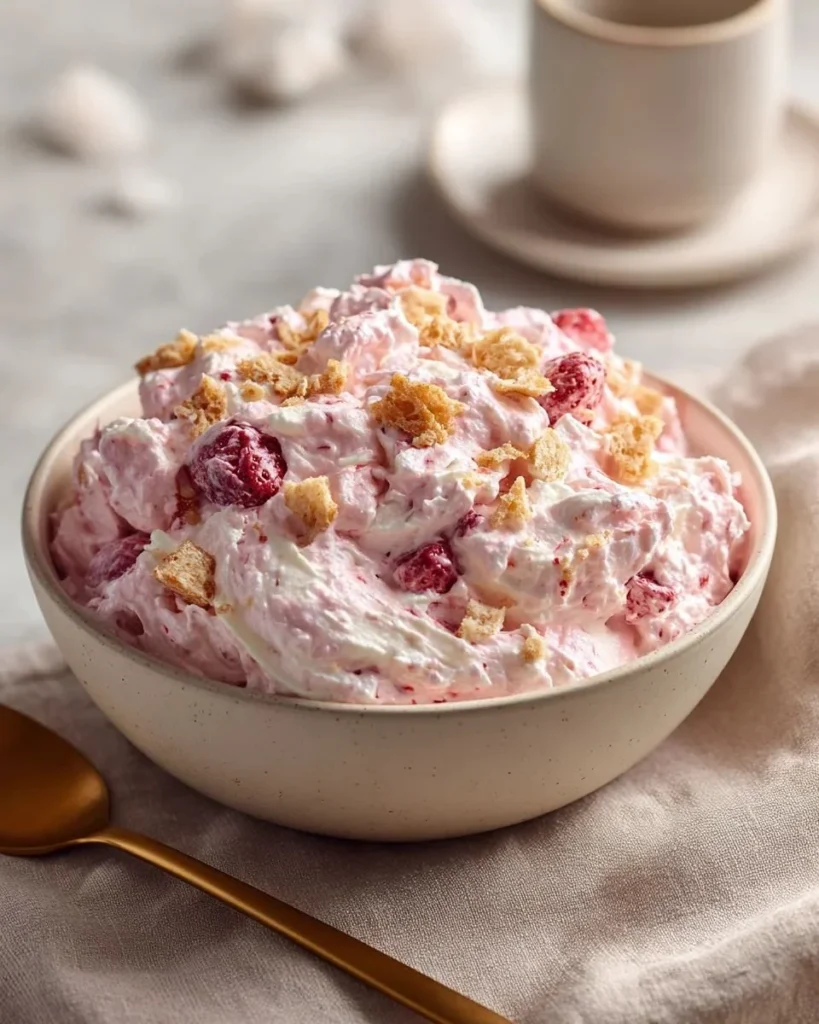 Delicious Strawberry Pretzel Fluff dessert with pineapple served in a bowl