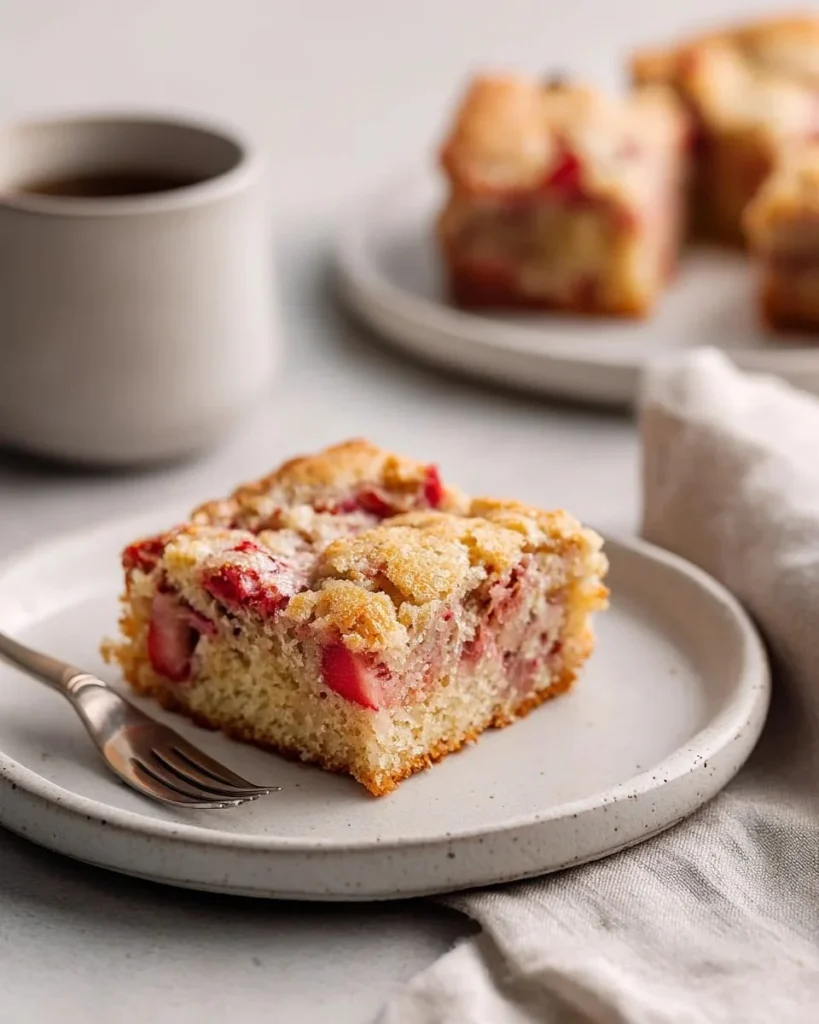 Delicious homemade strawberry rhubarb breakfast cake on a plate.