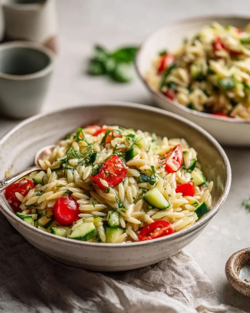 Delicious spring orzo salad with colorful vegetables in a bowl
