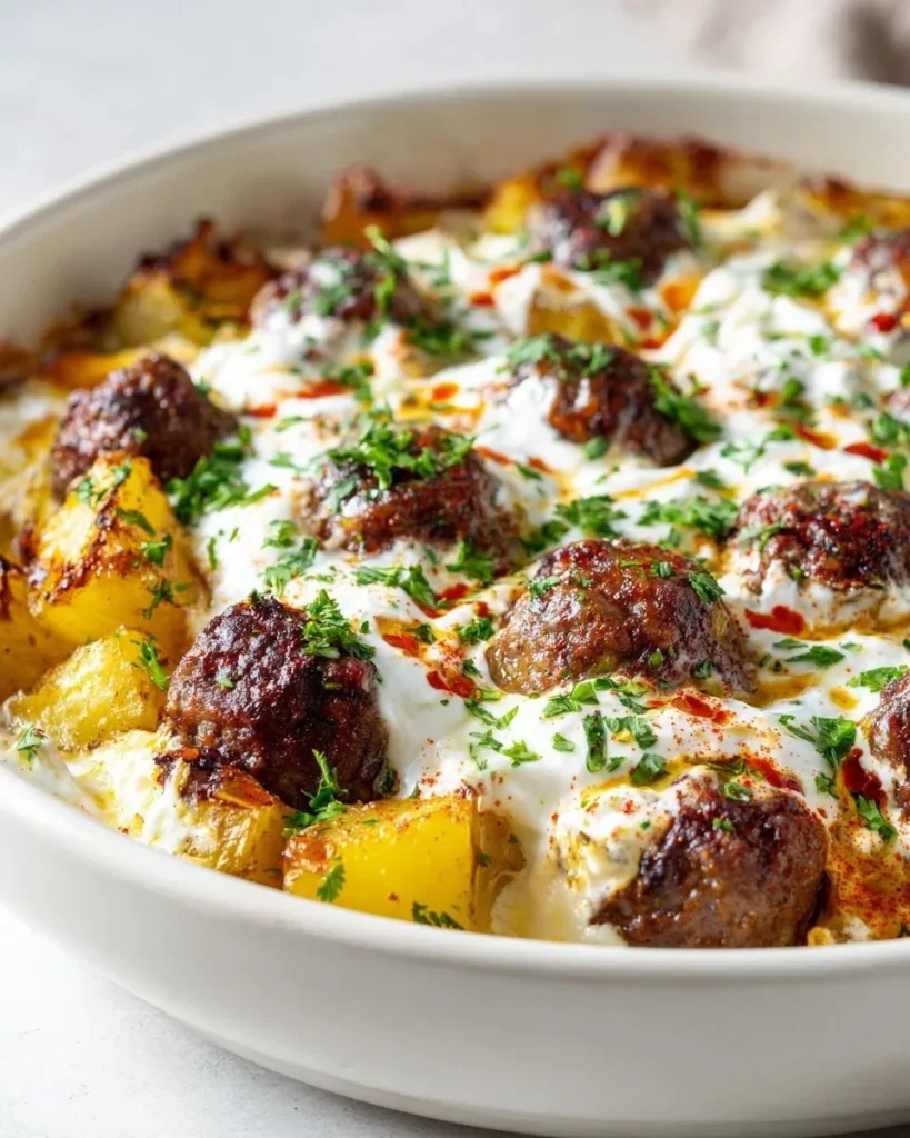 Turkish baked meatballs served with potatoes on a plate