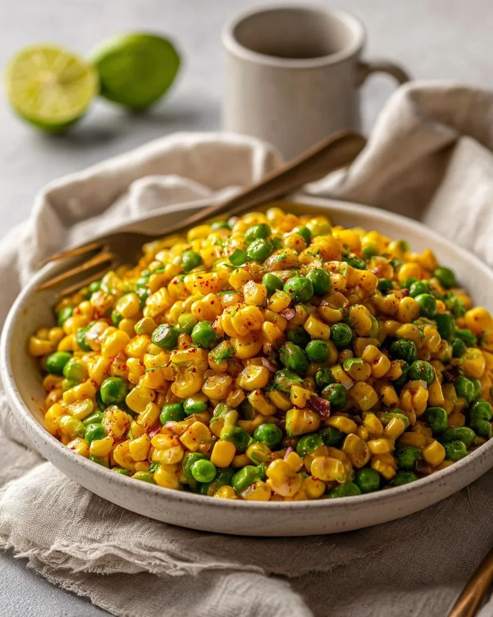 Zesty spicy corn and pea salad with vibrant ingredients