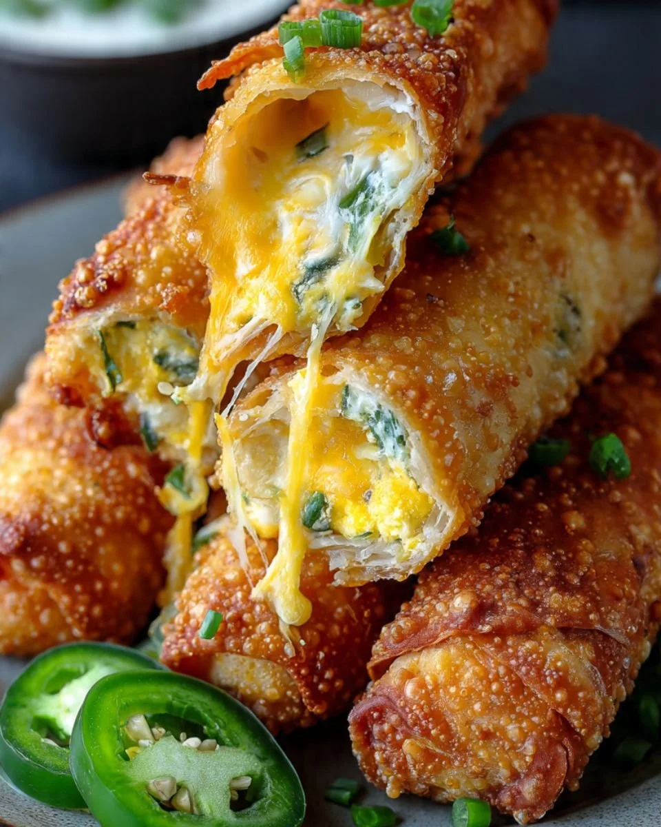 Crispy air fryer jalapeño popper egg rolls served on a plate