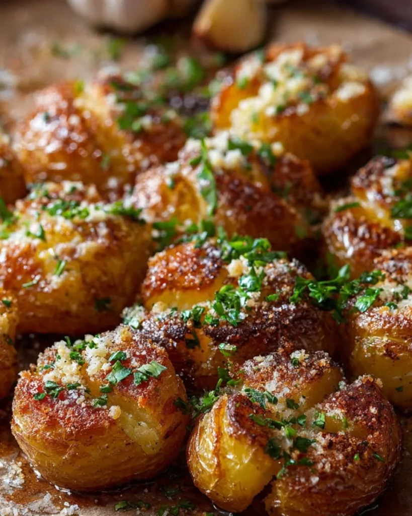 Garlic Parmesan Smashed Potatoes with crispy edges served on a plate