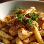 Honey Pepper Chicken Pasta garnished with herbs in a bowl
