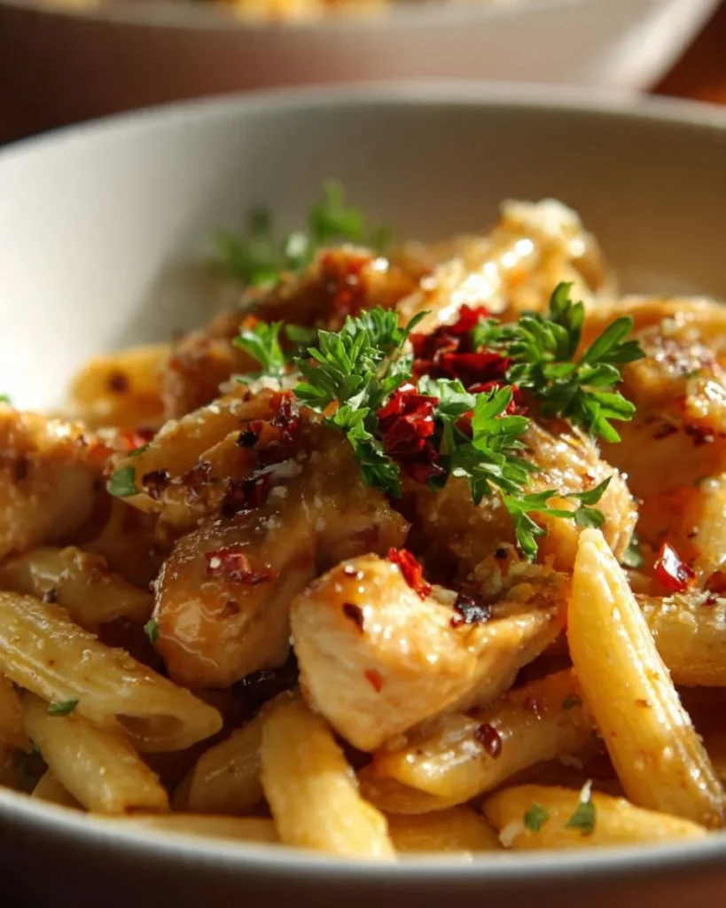 Honey Pepper Chicken Pasta garnished with herbs in a bowl