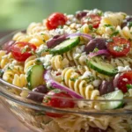 Lemon Herb Mediterranean Pasta Salad with colorful vegetables and herbs.