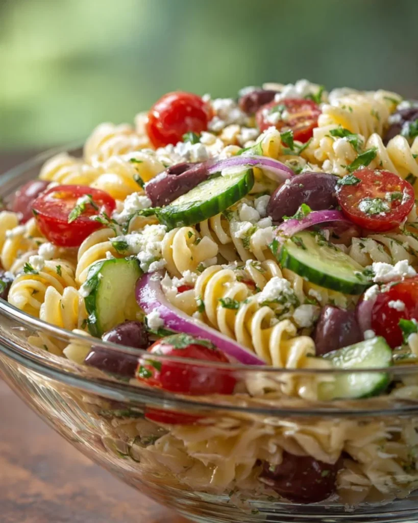 Lemon Herb Mediterranean Pasta Salad with colorful vegetables and herbs.