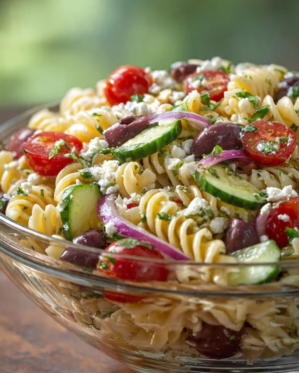 Lemon Herb Mediterranean Pasta Salad with colorful vegetables and herbs.