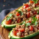 Delicious chicken-filled zucchini boats topped with cheese and herbs