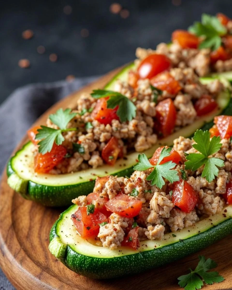 Delicious chicken-filled zucchini boats topped with cheese and herbs